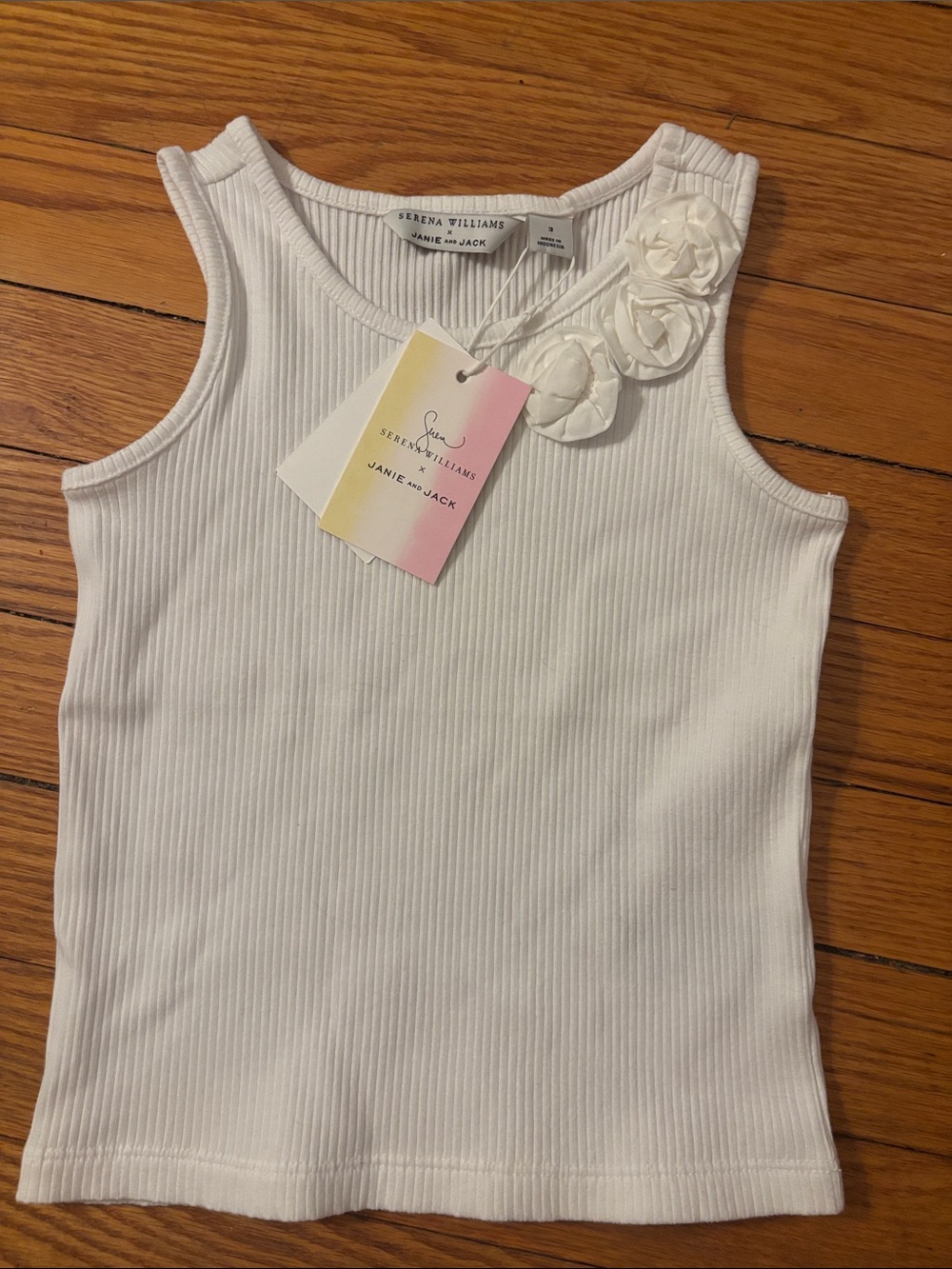 Serena Williams White Ribbed Tank with Floral Shoulder Accents